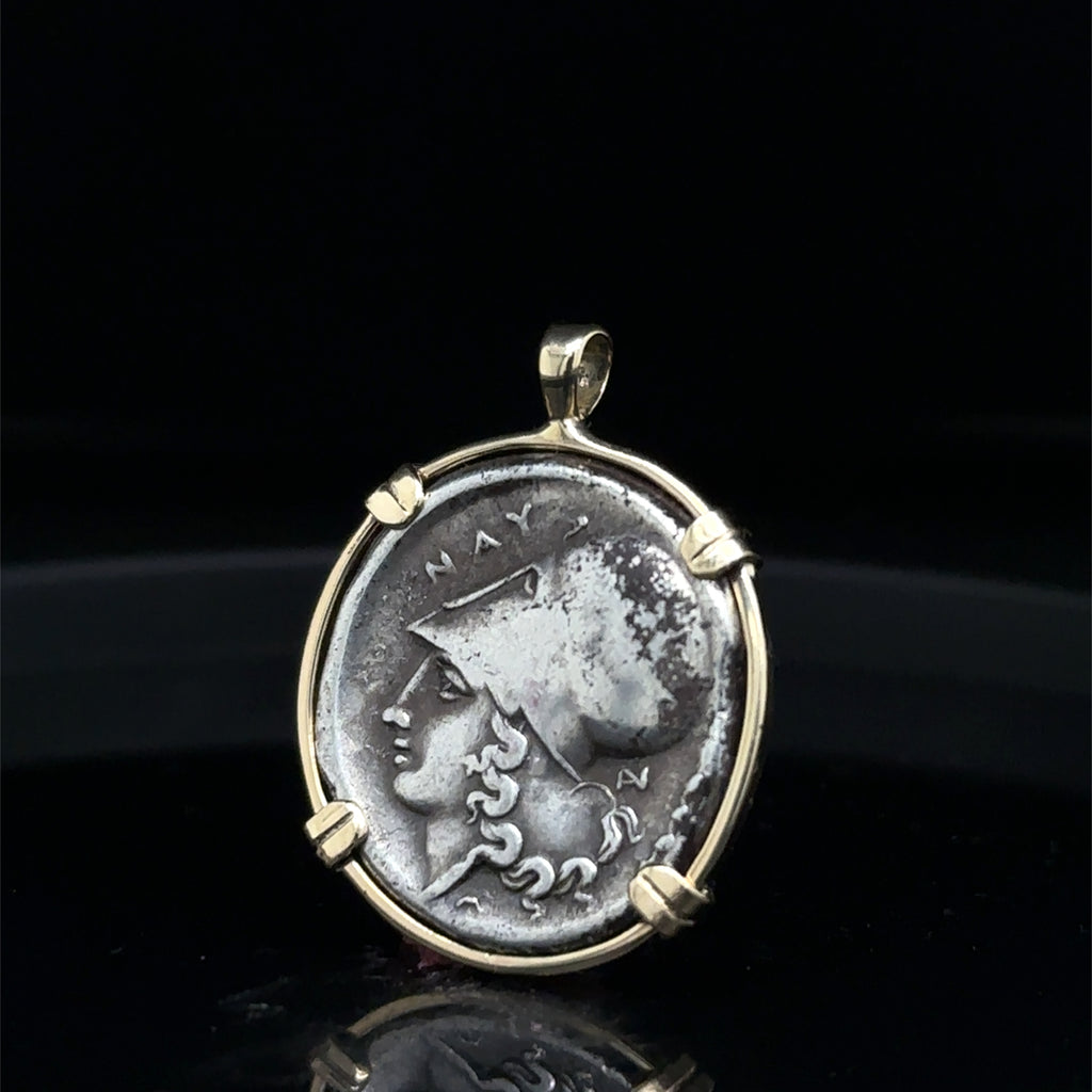 Ancient Greek Athena and Pegasus silver coin in Solid 14k yellow gold pendant