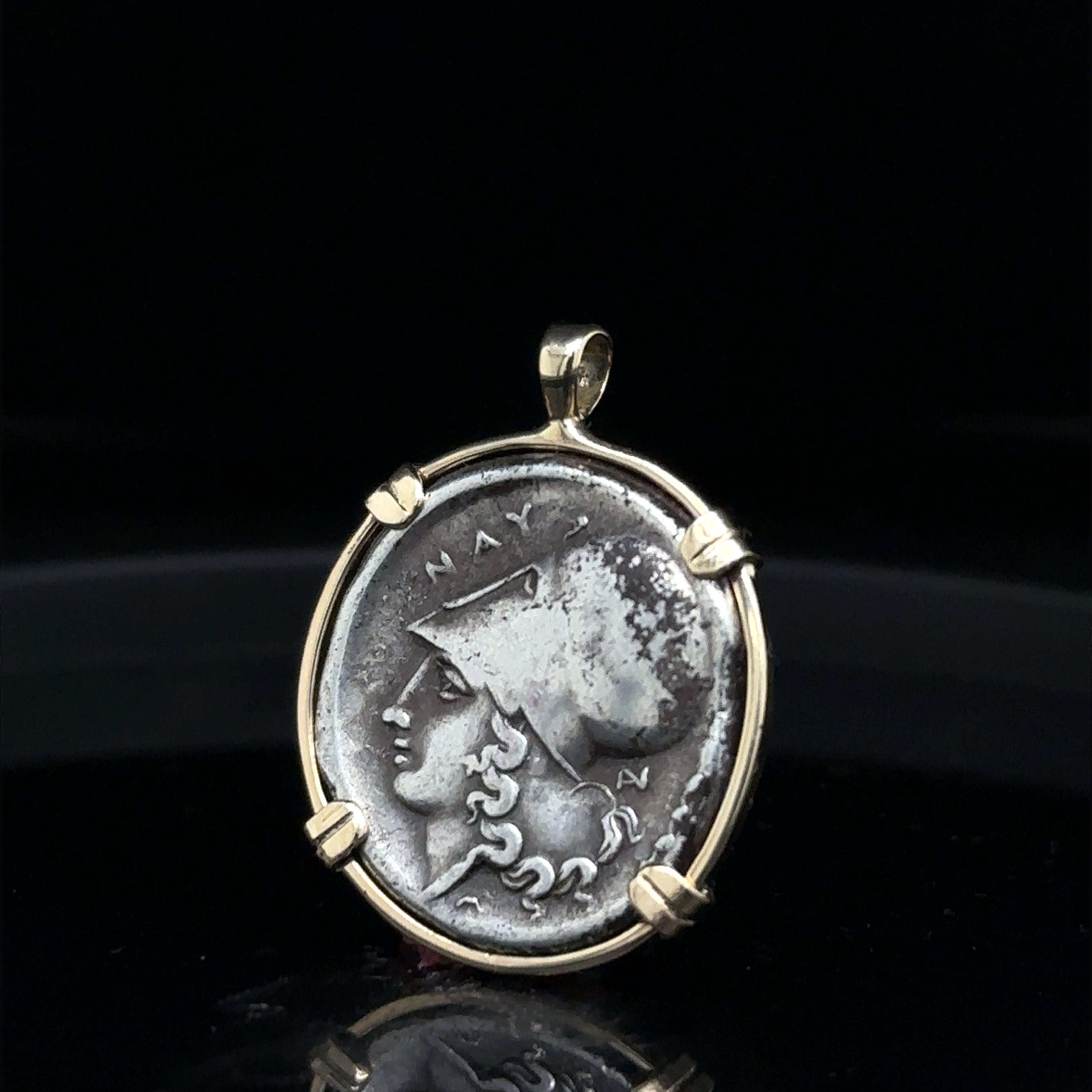 Ancient Greek Athena and Pegasus silver coin in Solid 14k yellow gold pendant
