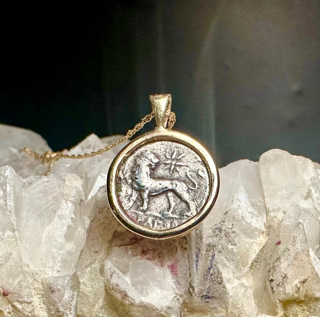 Ancient Greek Apollo and Lion silver coin in solid 14k yellow gold bezel