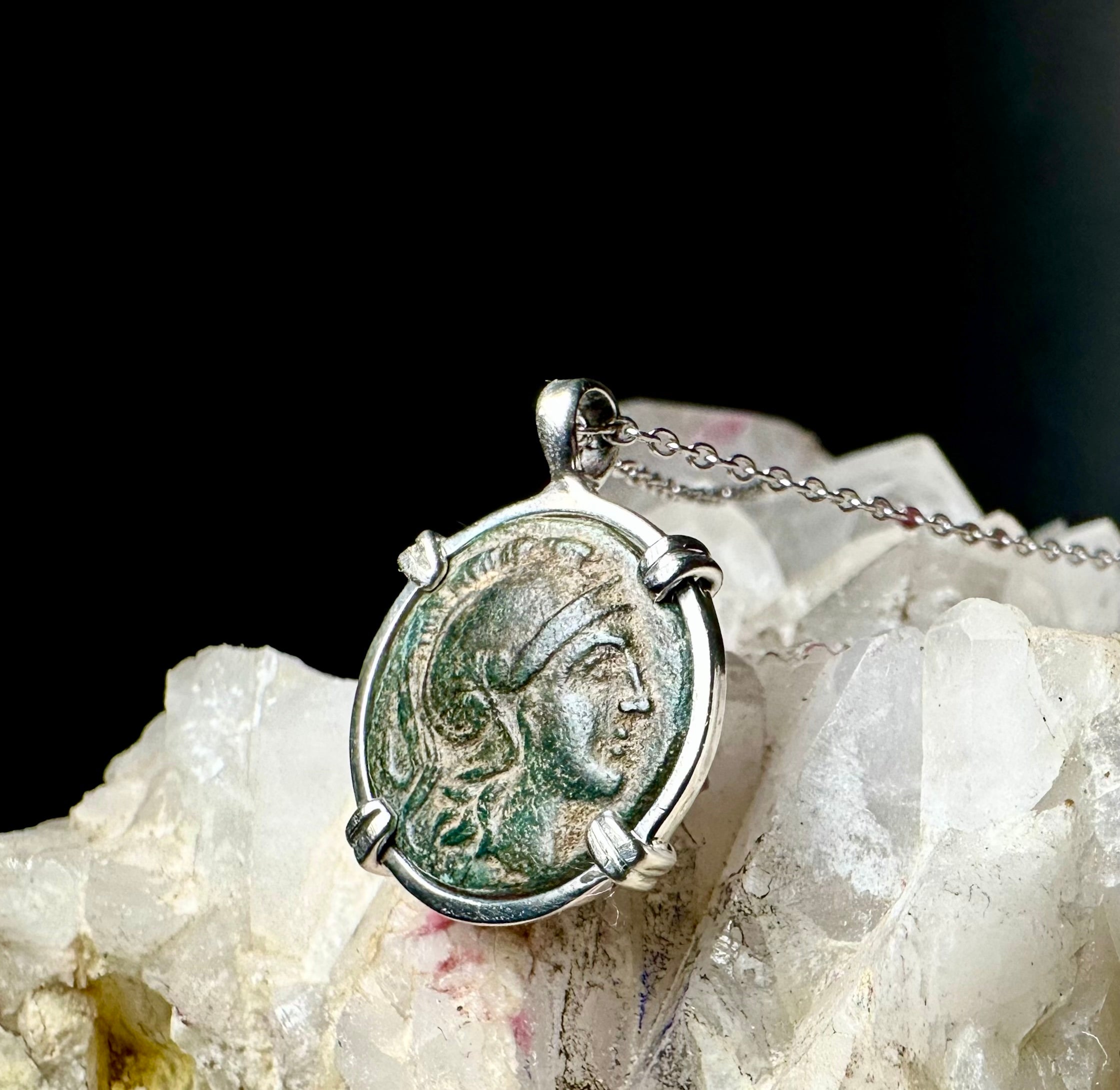 Ancient Greek Athena and Lion coin in sterling silver pendant
