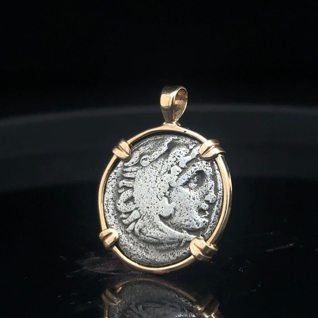 Ancient Greek Alexander The Great silver Drachm in 14k yellow gold filled pendant
