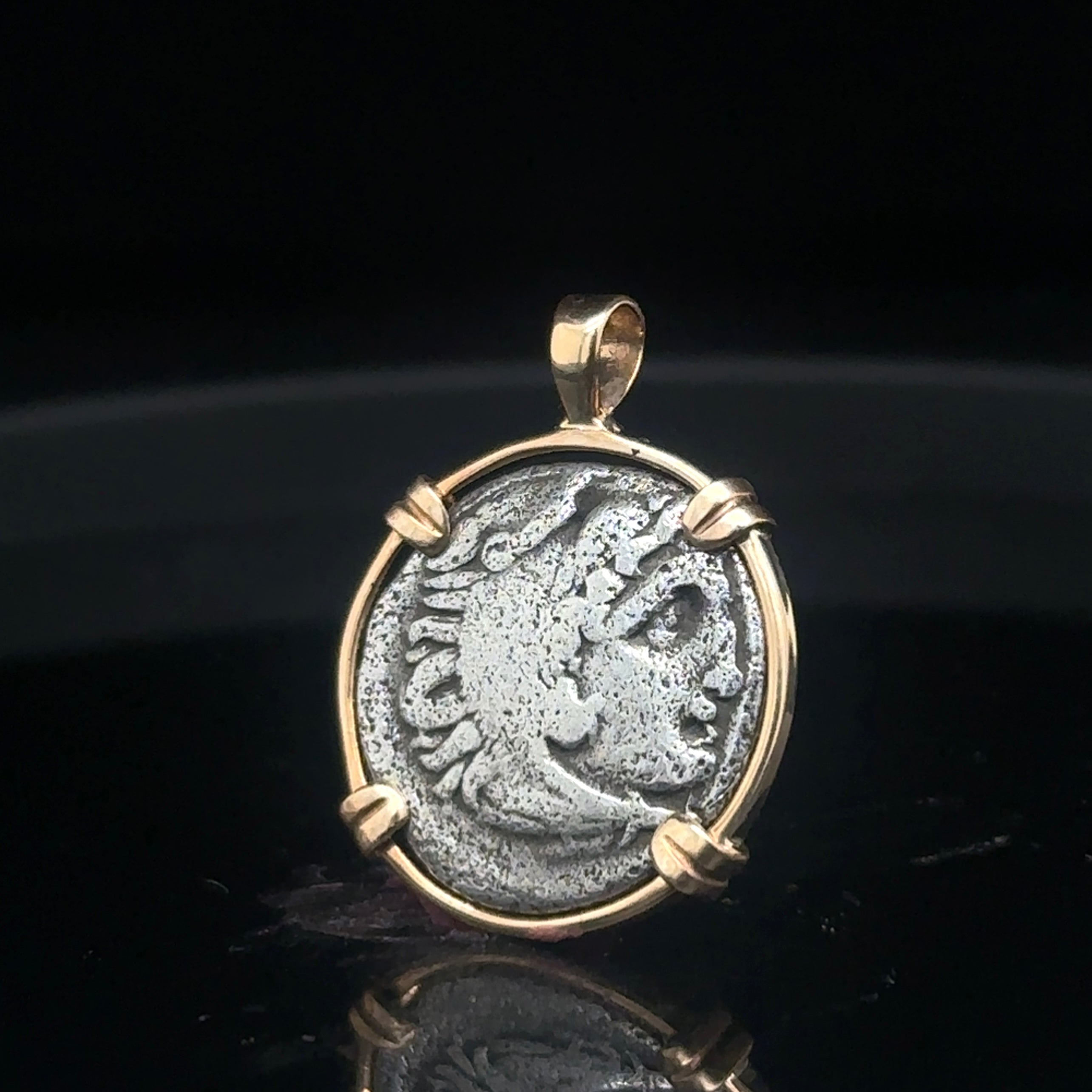 Ancient Greek Alexander The Great silver Drachm in 14k yellow gold filled pendant