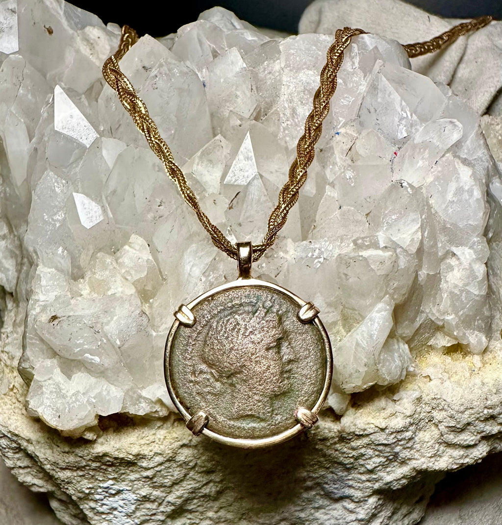 Ancient Greek Persephone and Oak wreath coin in 14k yellow gold filled pendant