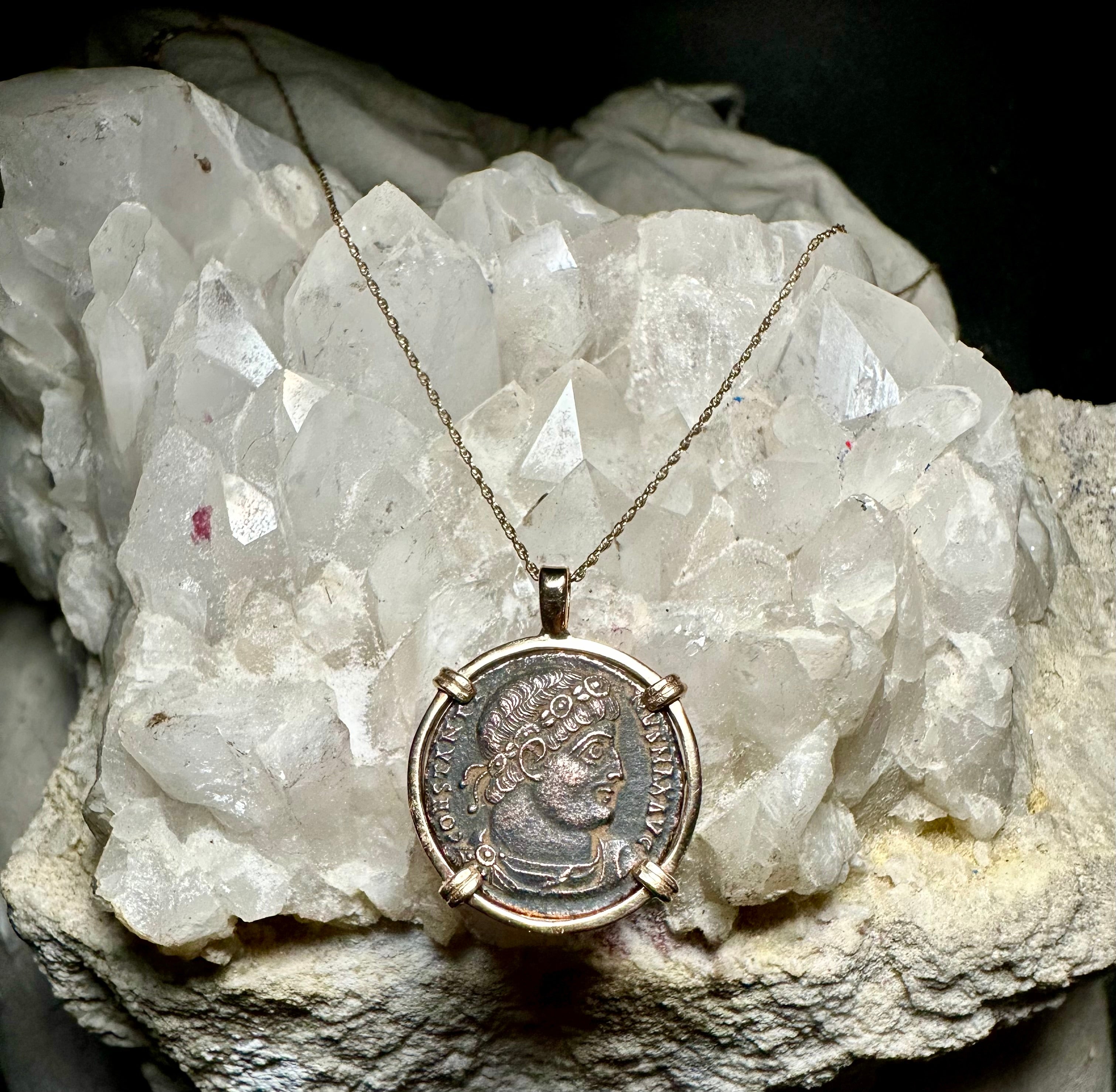 Ancient Roman Constantine The Great coin in 14k yellow gold filled pendant