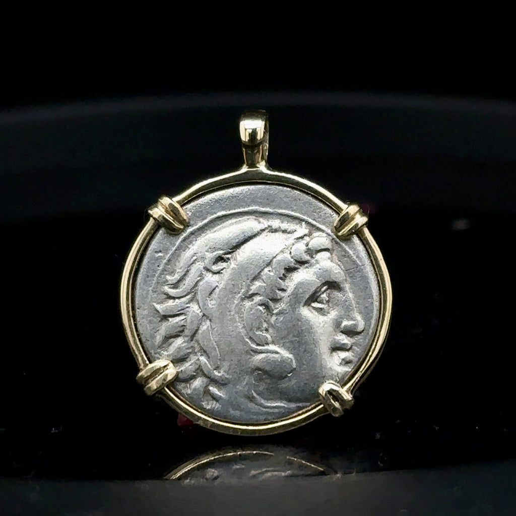 Alexander the Great silver Drachm in solid 14k yellow gold pendant
