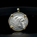 Alexander the Great silver Drachm in solid 14k yellow gold pendant