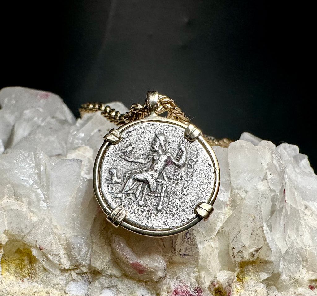 Alexander the Great Silver Drachm in Solid 14k Yellow Gold Pendant
