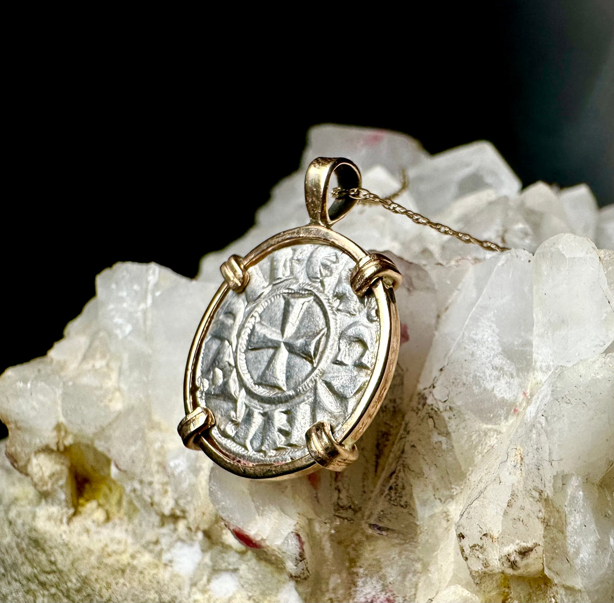 Medieval 13th century Italian Christian crusader coin in 14k yellow gold filled pendant