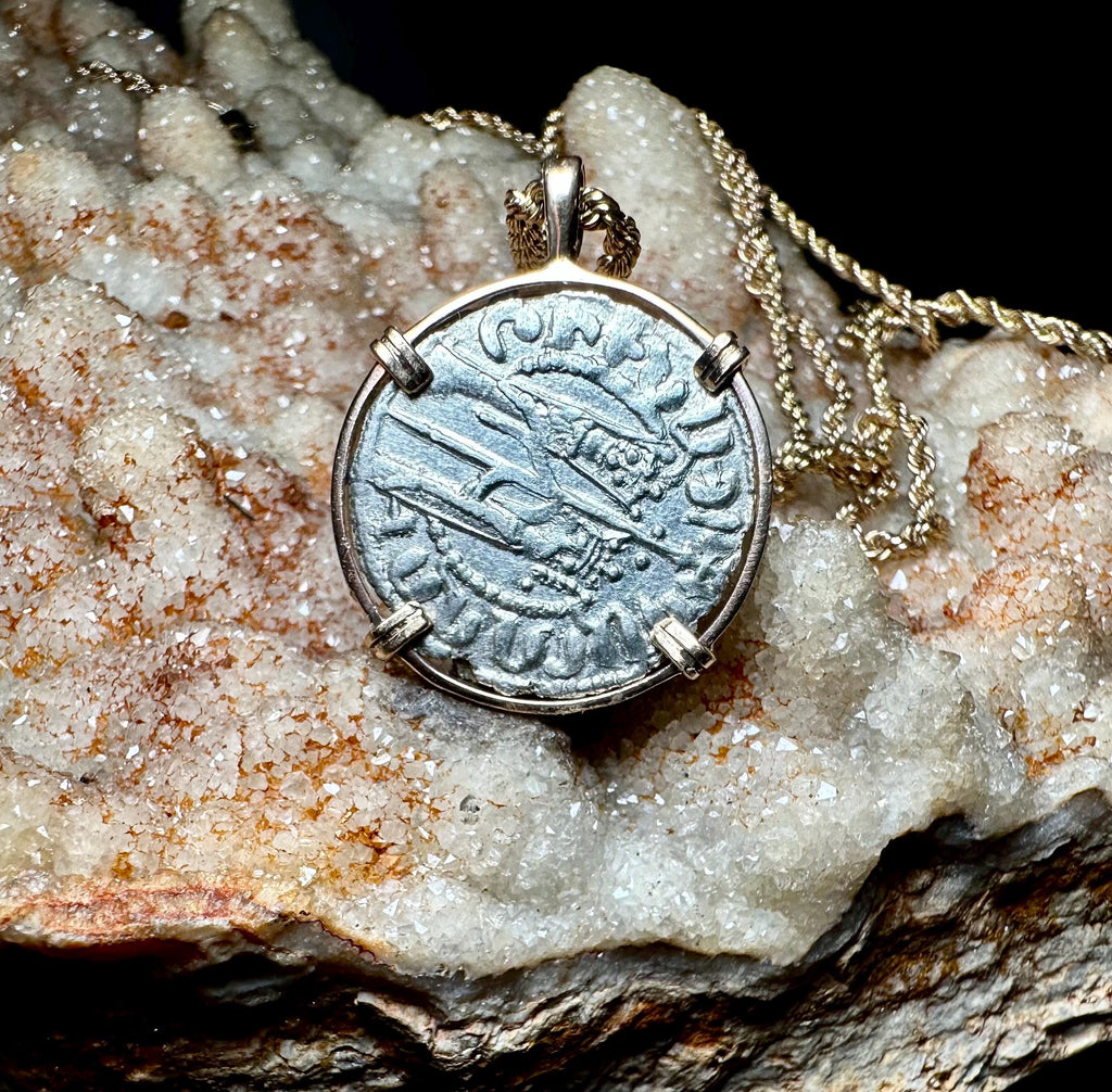 Genuine 13th Century Cristian Crusader Cross and Lion coin in 14k yellow gold pendant
