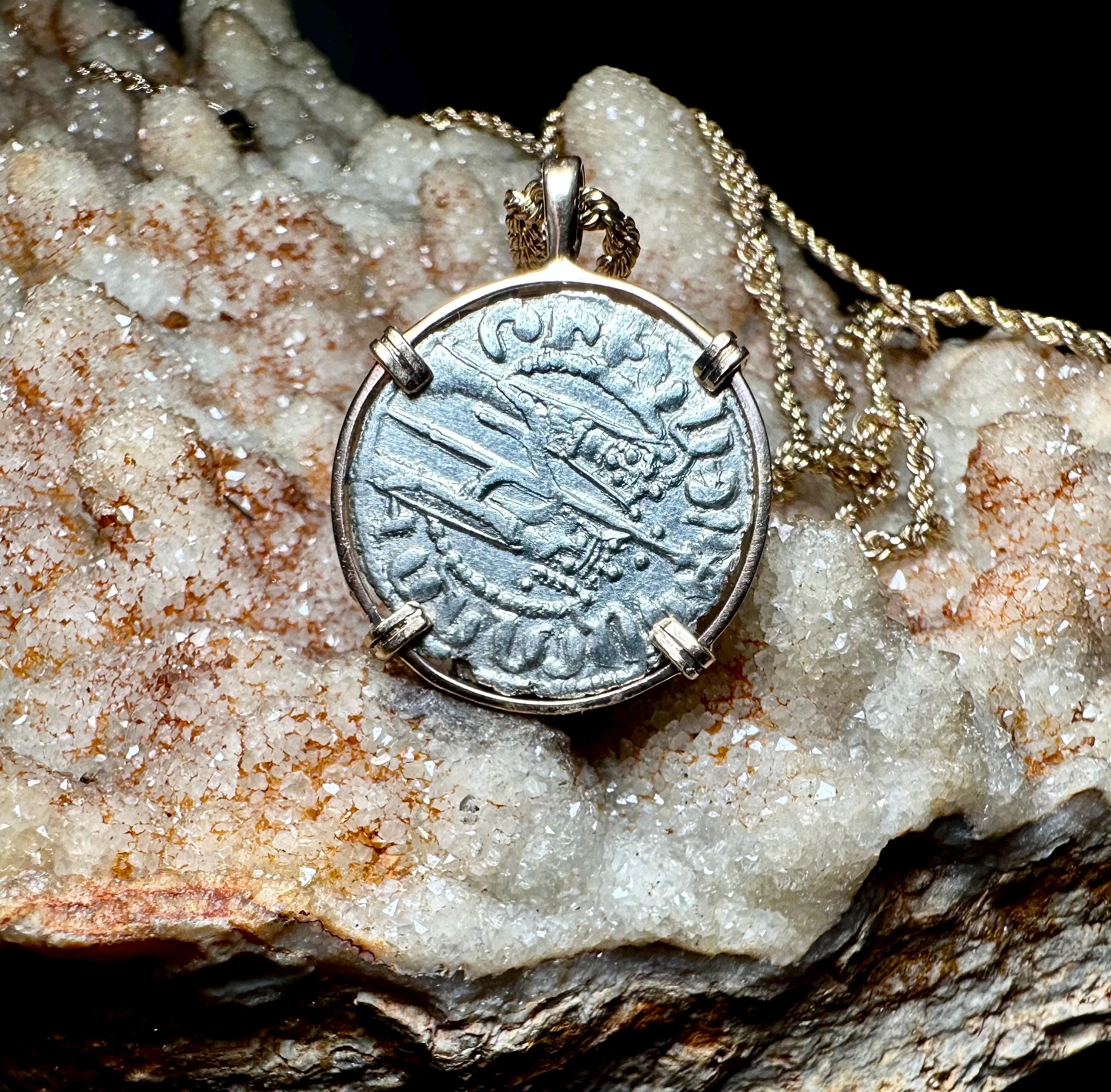 Genuine 13th Century Cristian Crusader Cross and Lion coin in 14k yellow gold pendant