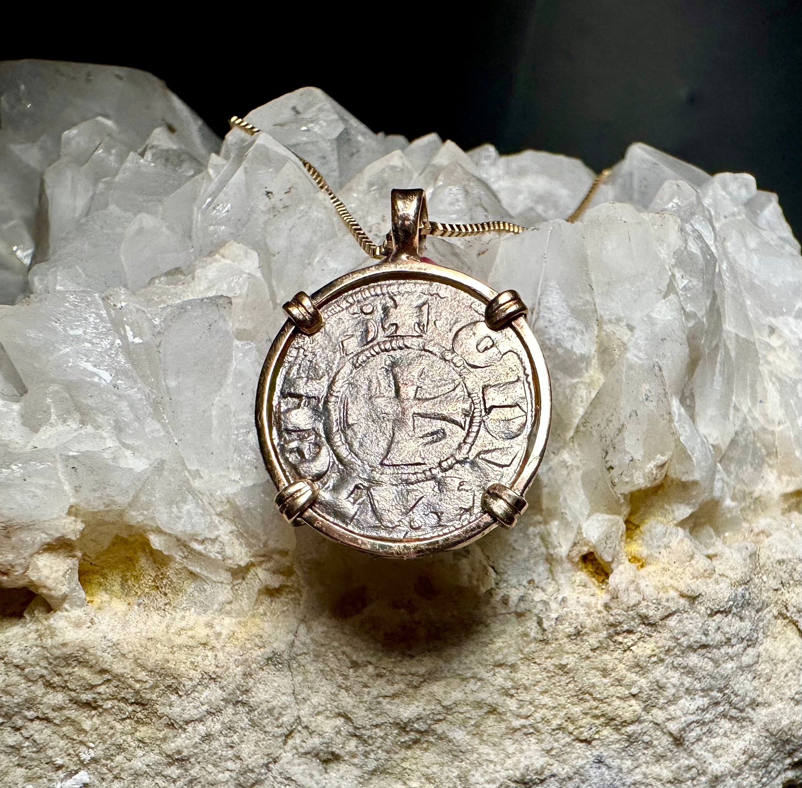 13th century silver Christian Crusader coin in 14k yellow gold filled pendant