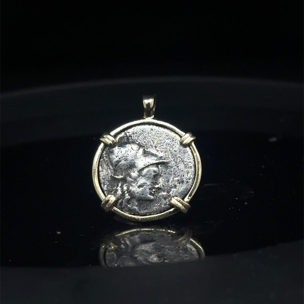 Ancient Greek Athena and Hercules silver coin in solid 14k yellow gold pendant