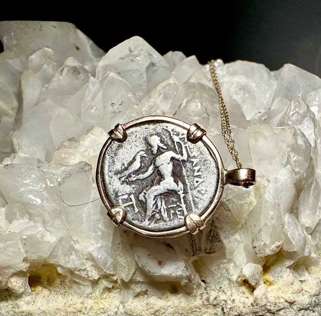 Alexander the Great silver Drachm in 14k yellow gold filled pendant