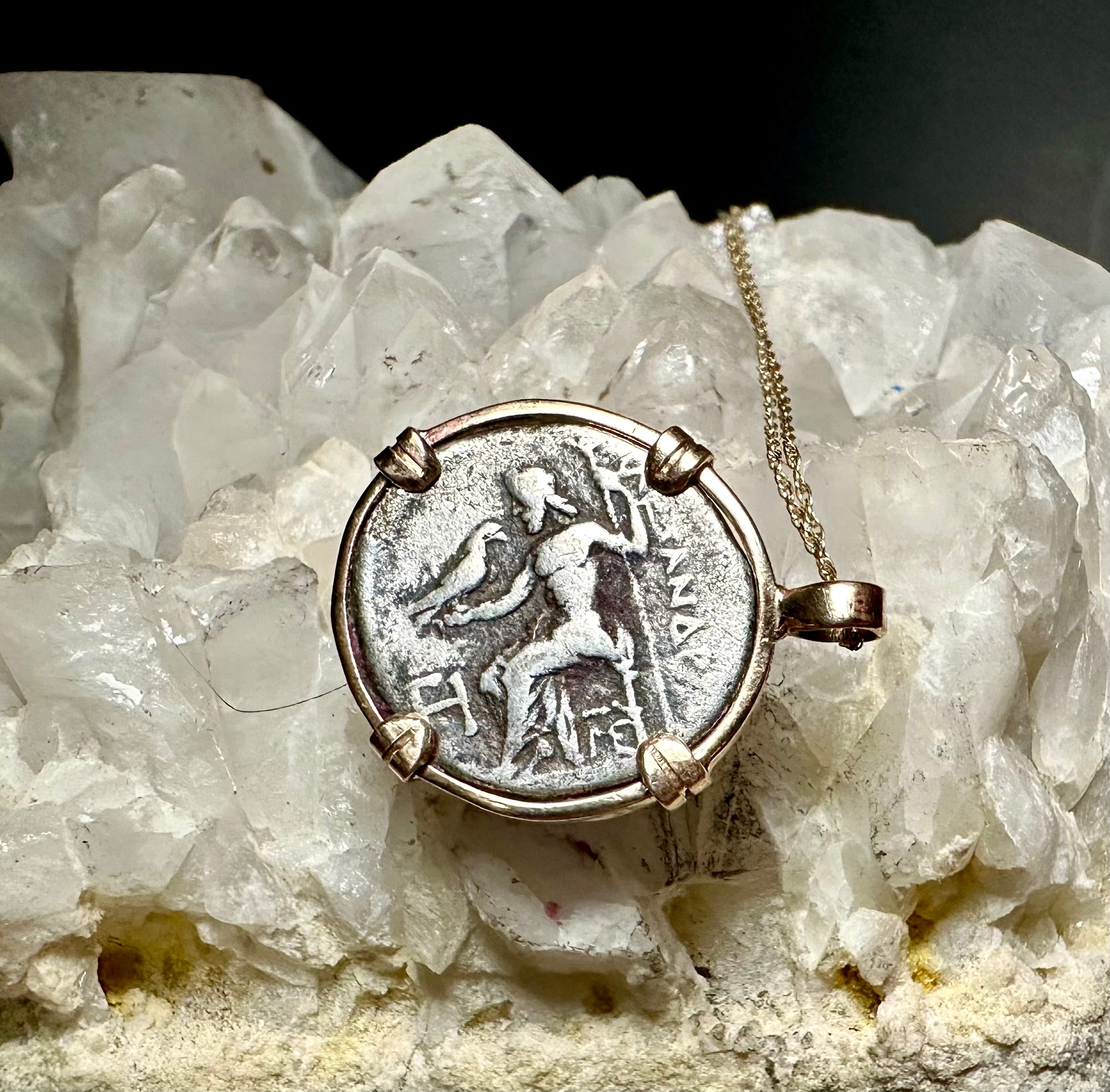 Alexander the Great silver Drachm in 14k yellow gold filled pendant