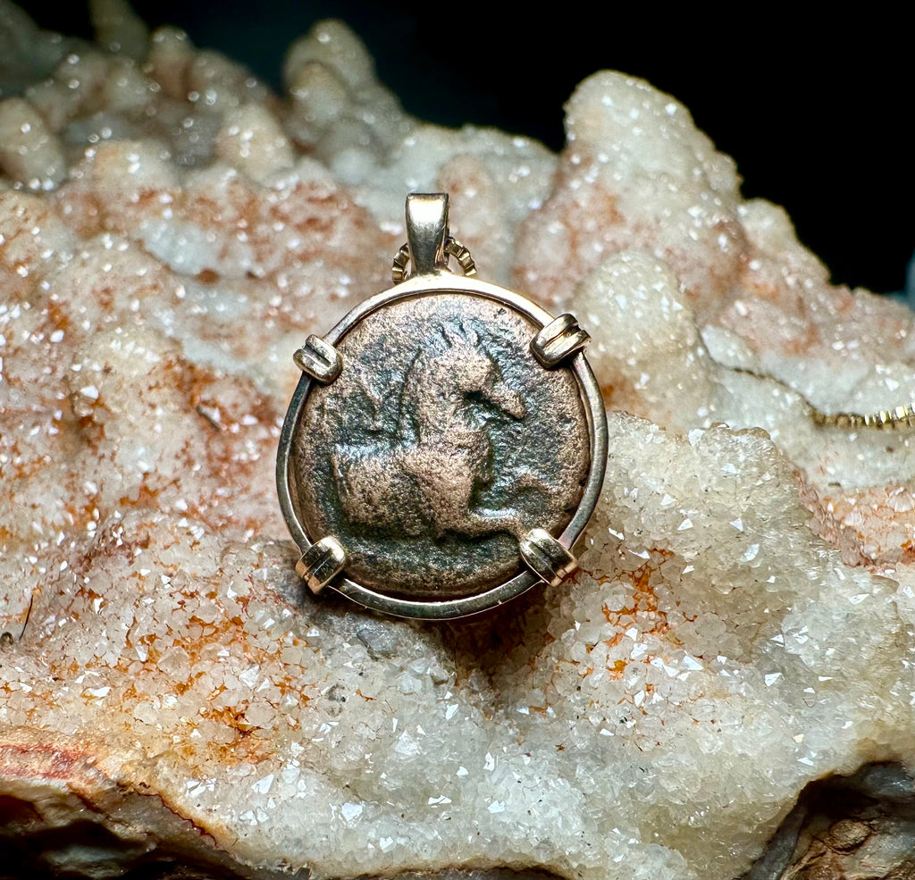 Ancient Greek Horse coin in 14k yellow gold filled pendant