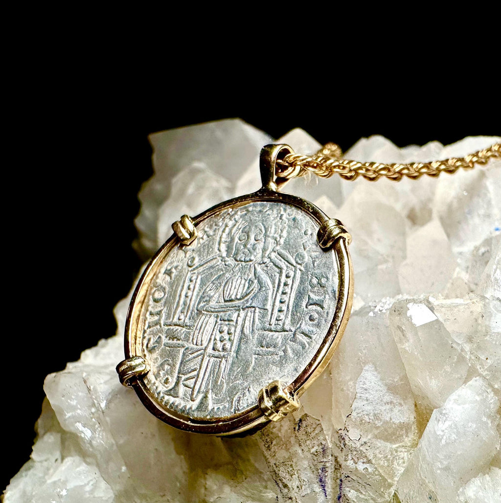 Genuine 14th Cent Jesus Christ and St Mark Coin in hand made solid gold pendant