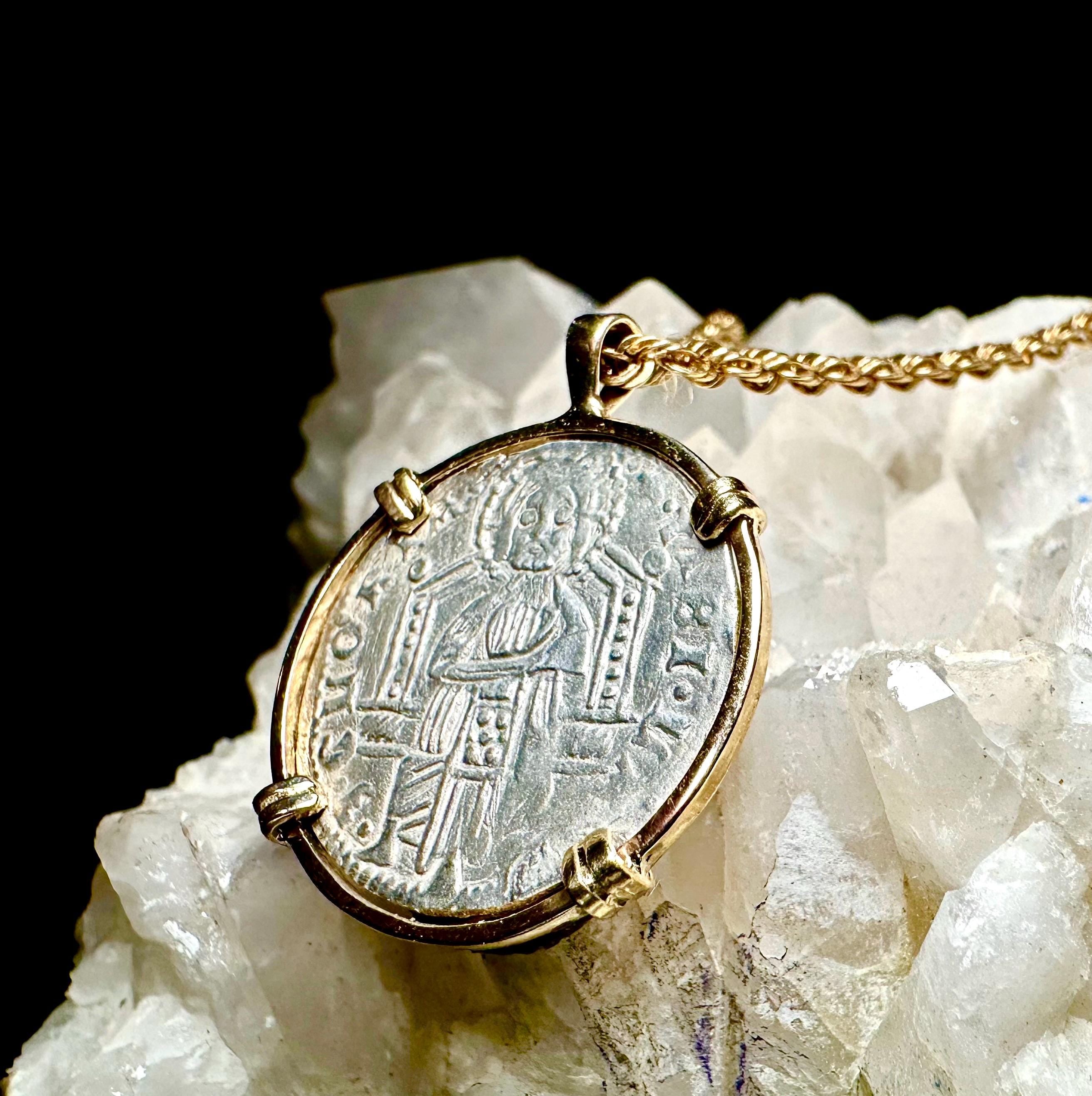 Genuine 14th Cent Jesus Christ and St Mark Coin in hand made solid gold pendant