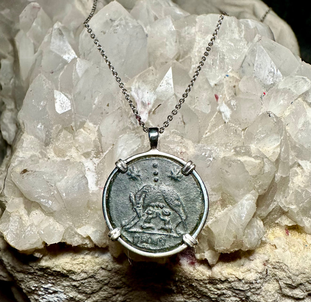 Ancient Roman She-Wolf coin in sterling silver pendant