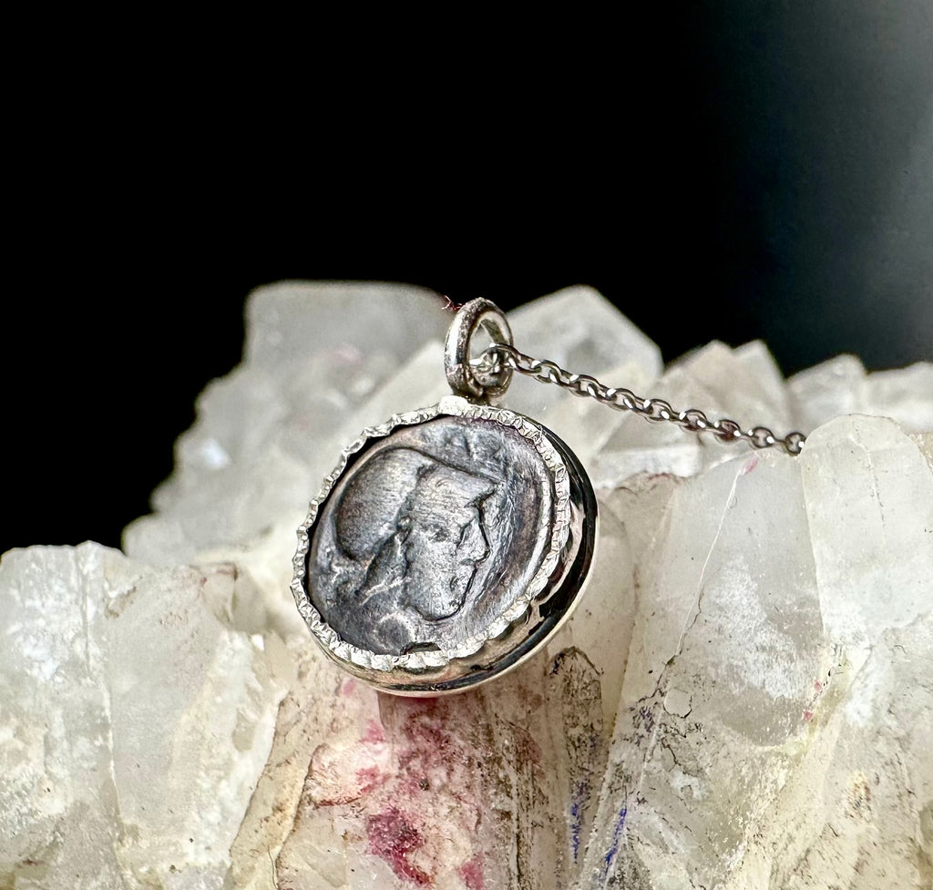 Ancient Greek silver Athena coin in sterling silver bezel