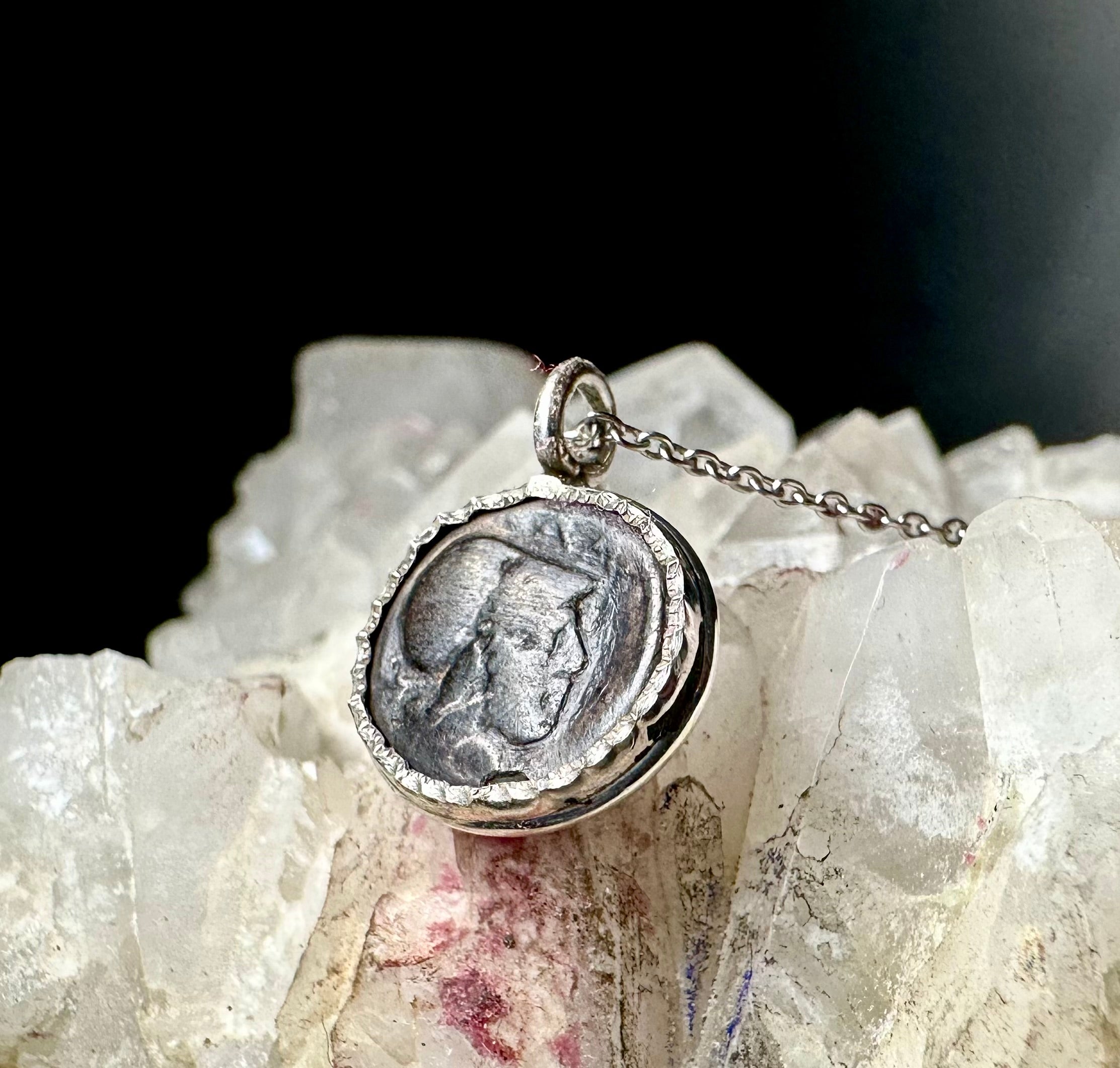 Ancient Greek silver Athena coin in sterling silver bezel