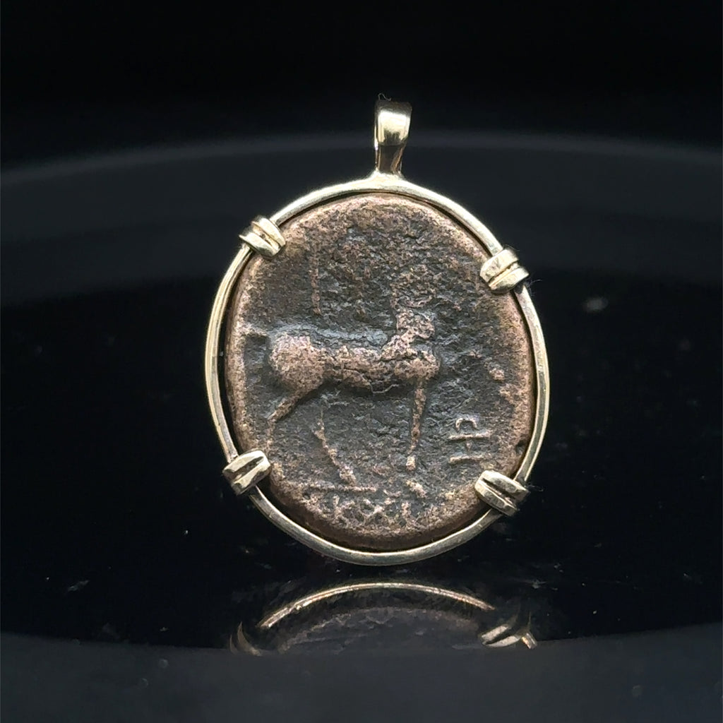 Ancient Greek Amazonian warrior and Horse coin in 14k yellow gold filled pendant