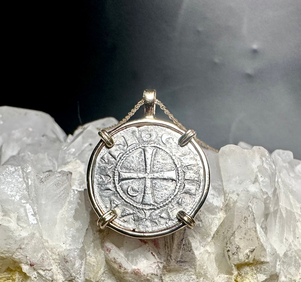 12th century Templar Crusader coin in solid 14k yellow gold pendant