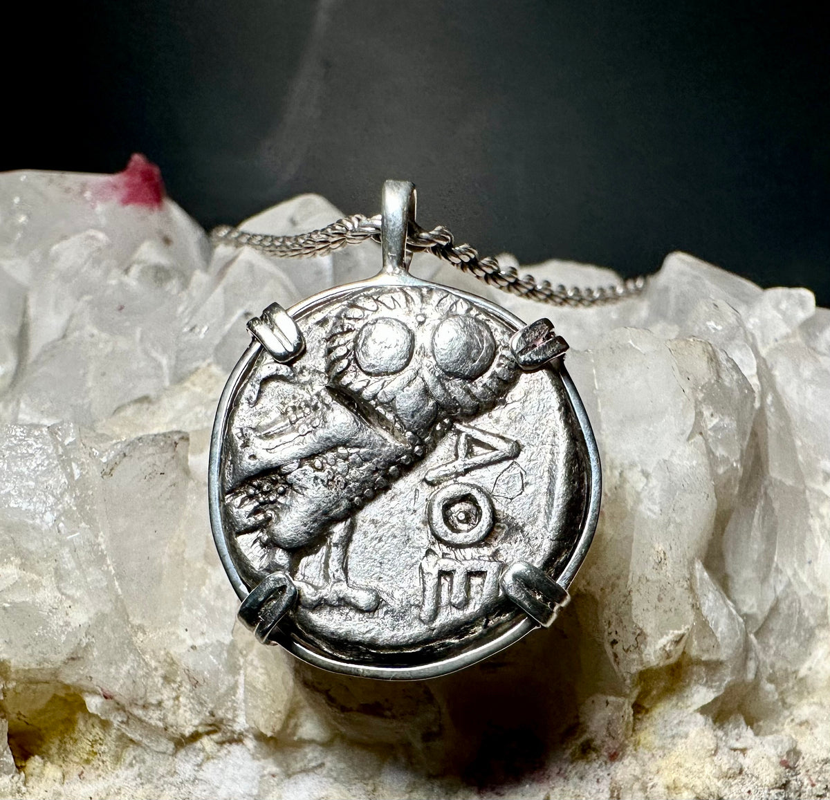 Ancient Athenian Greek Owl and Athena silver tetradrachm in sterling silver pendant