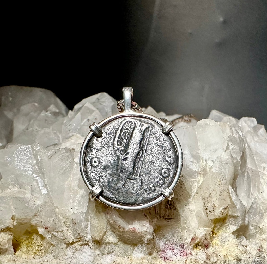 Ancient Roman Marcus Aurelius silver denarius in sterling silver pendant