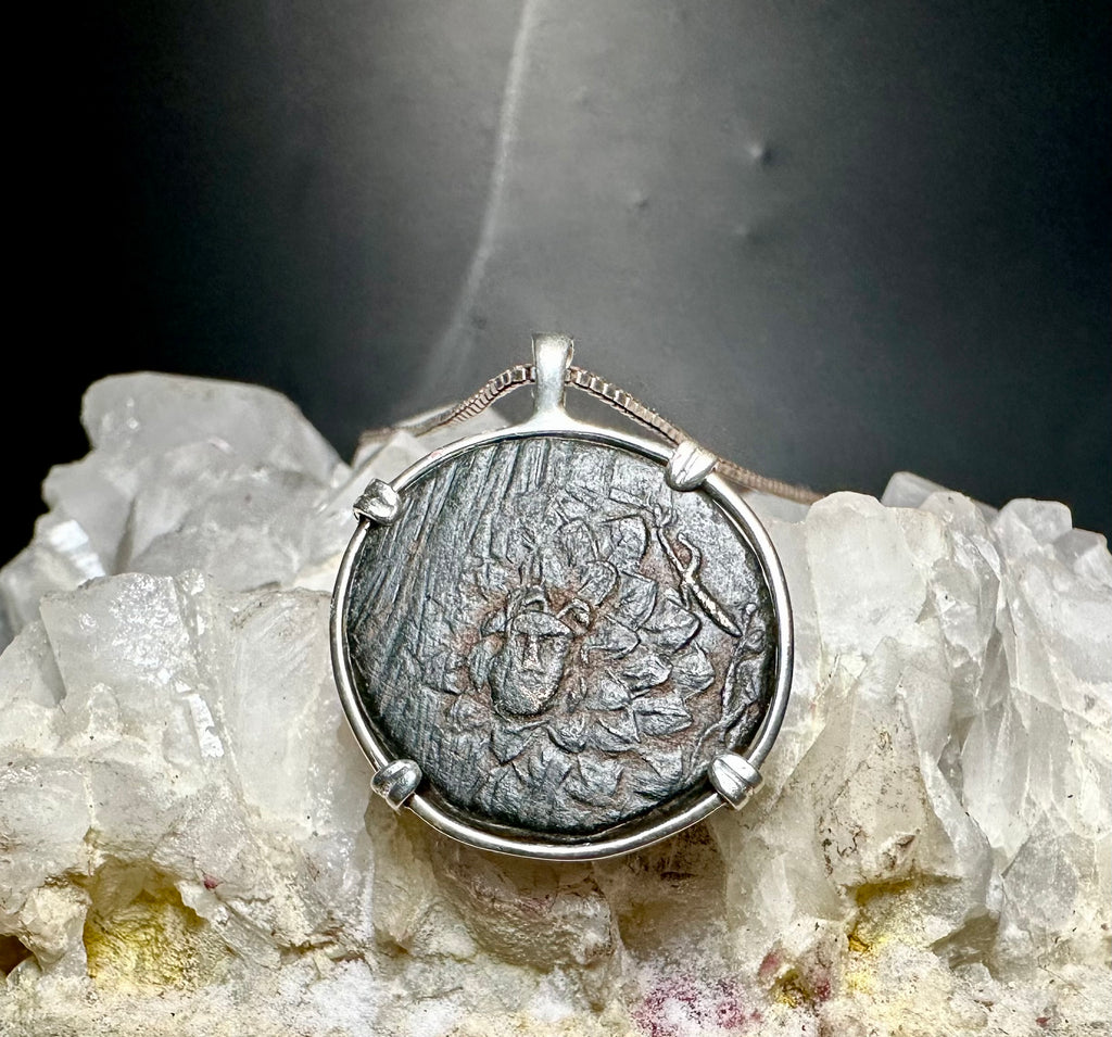 Ancient Greek Medusa and Nike coin in sterling silver pendant