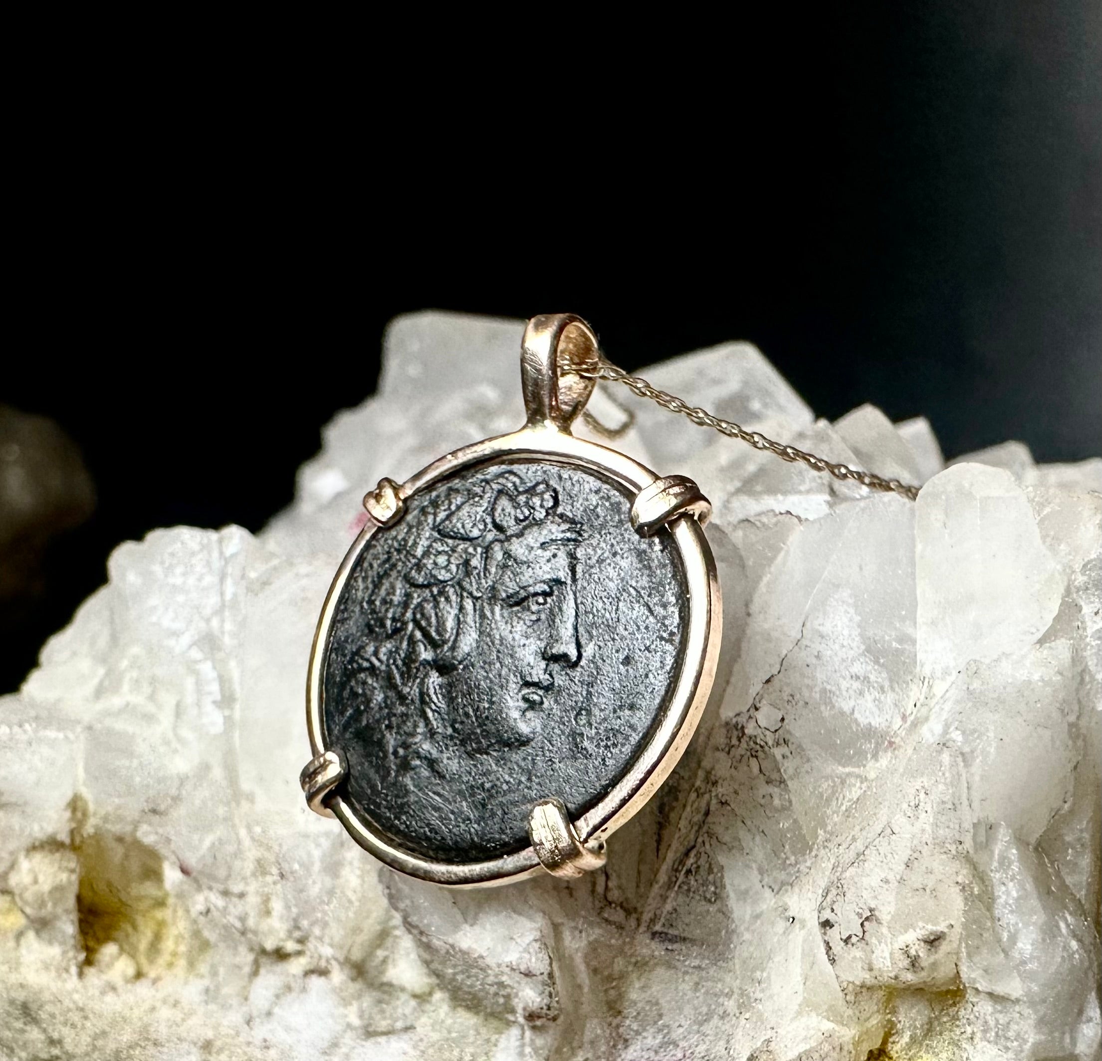 Ancient Greek god of wine, Dionysus coin in 14k yellow gold filled pendant