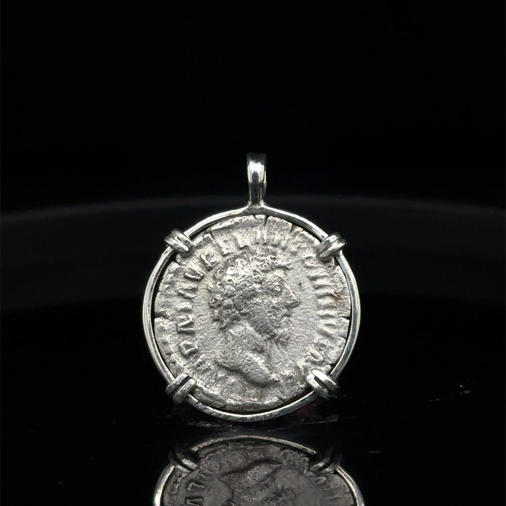 Ancient Roman Empeor Marcus Aurelius silver denarius in sterling silver pendant