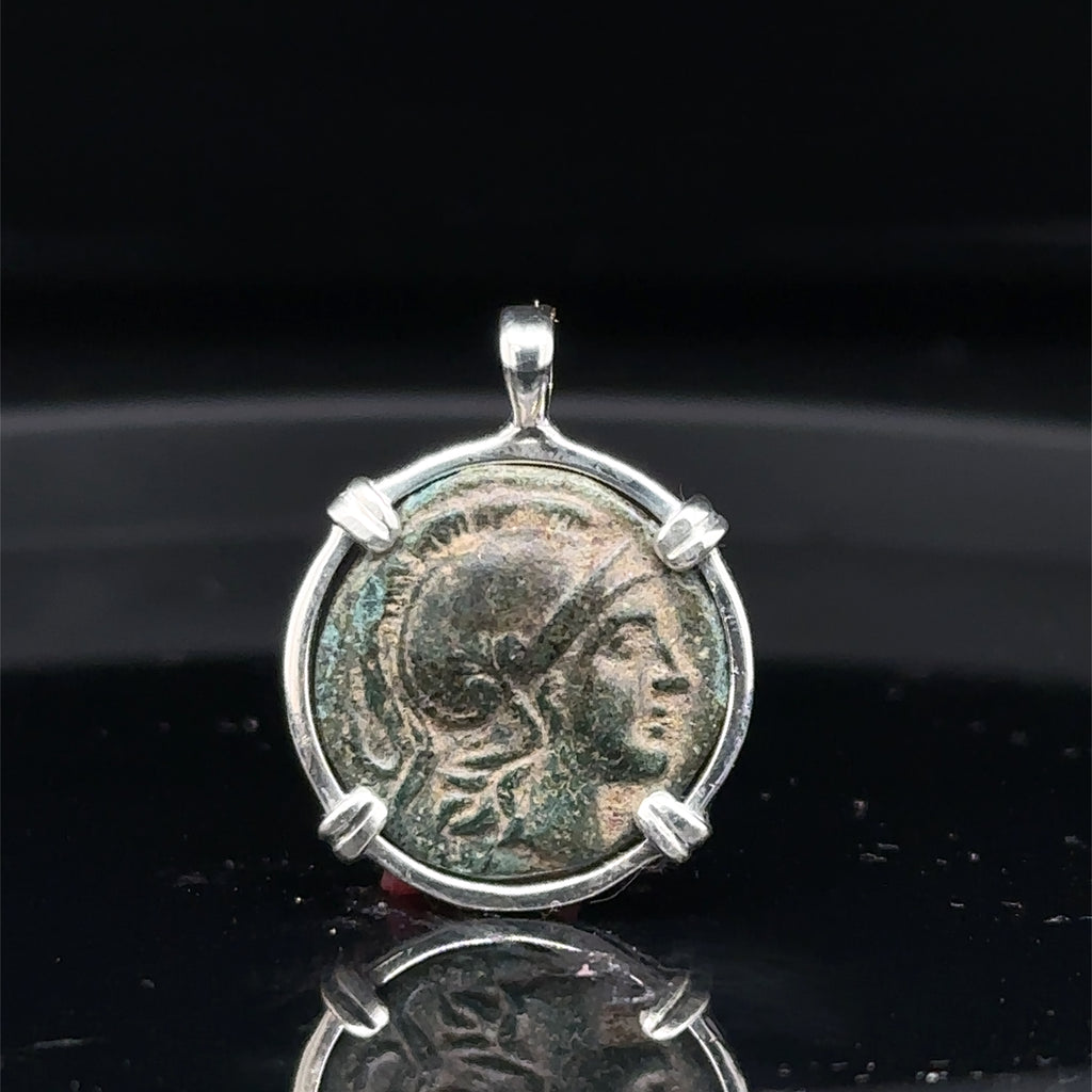 Ancient Greek Athena and Lion coin in sterling silver pendant