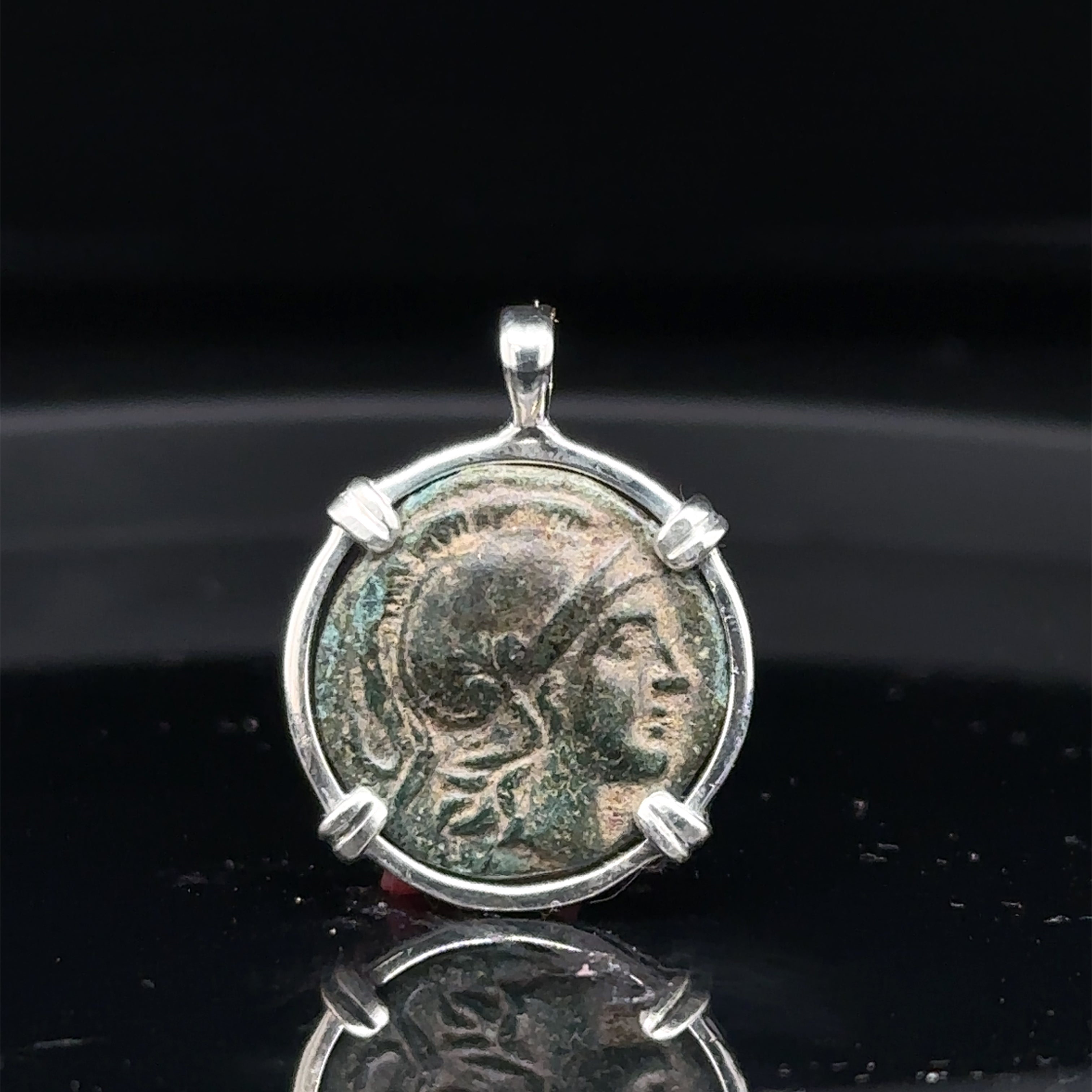 Ancient Greek Athena and Lion coin in sterling silver pendant