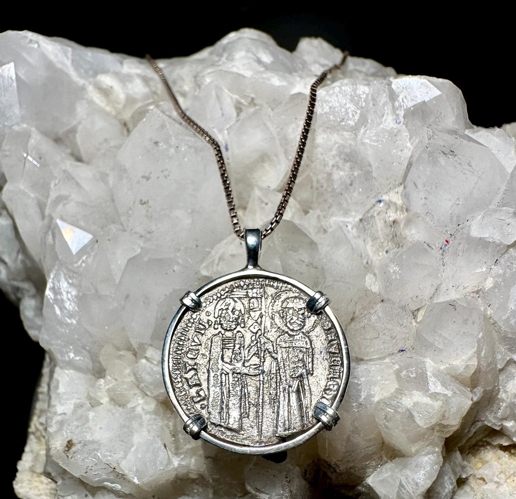Genuine 14th Century Jesus Christ and St. Mark coin in hand made sterling silver