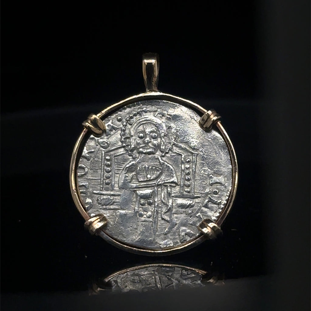 Genuine 14th Cent Jesus Christ and St Mark Coin in hand made 14k gold filled pendant