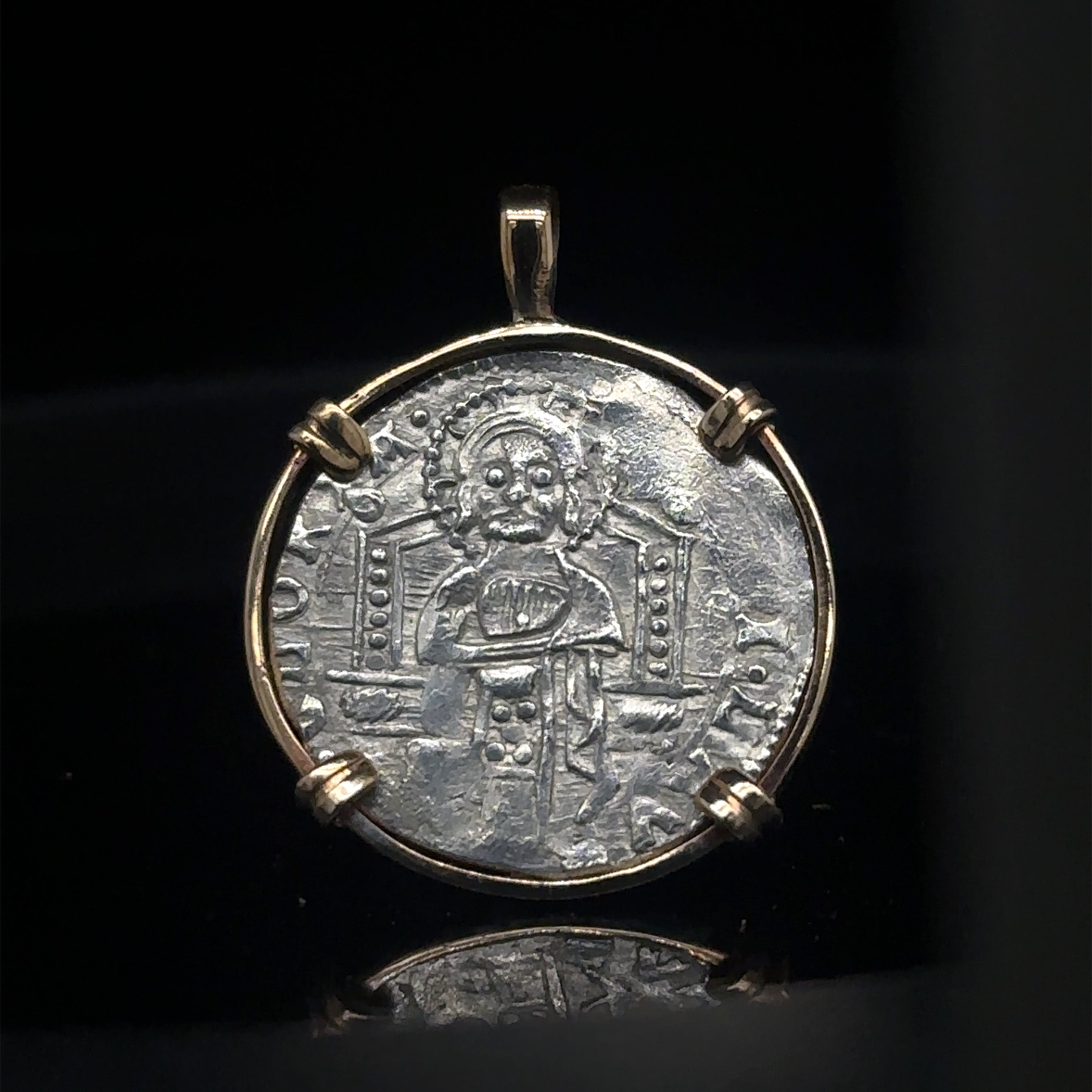 Genuine 14th Cent Jesus Christ and St Mark Coin in hand made 14k gold filled pendant