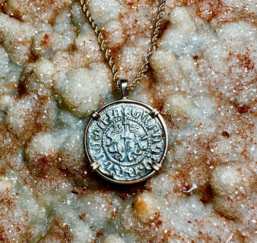 Genuine 12th century Crusader “By the Will of God” coin in 14k yellow gold filled pendant