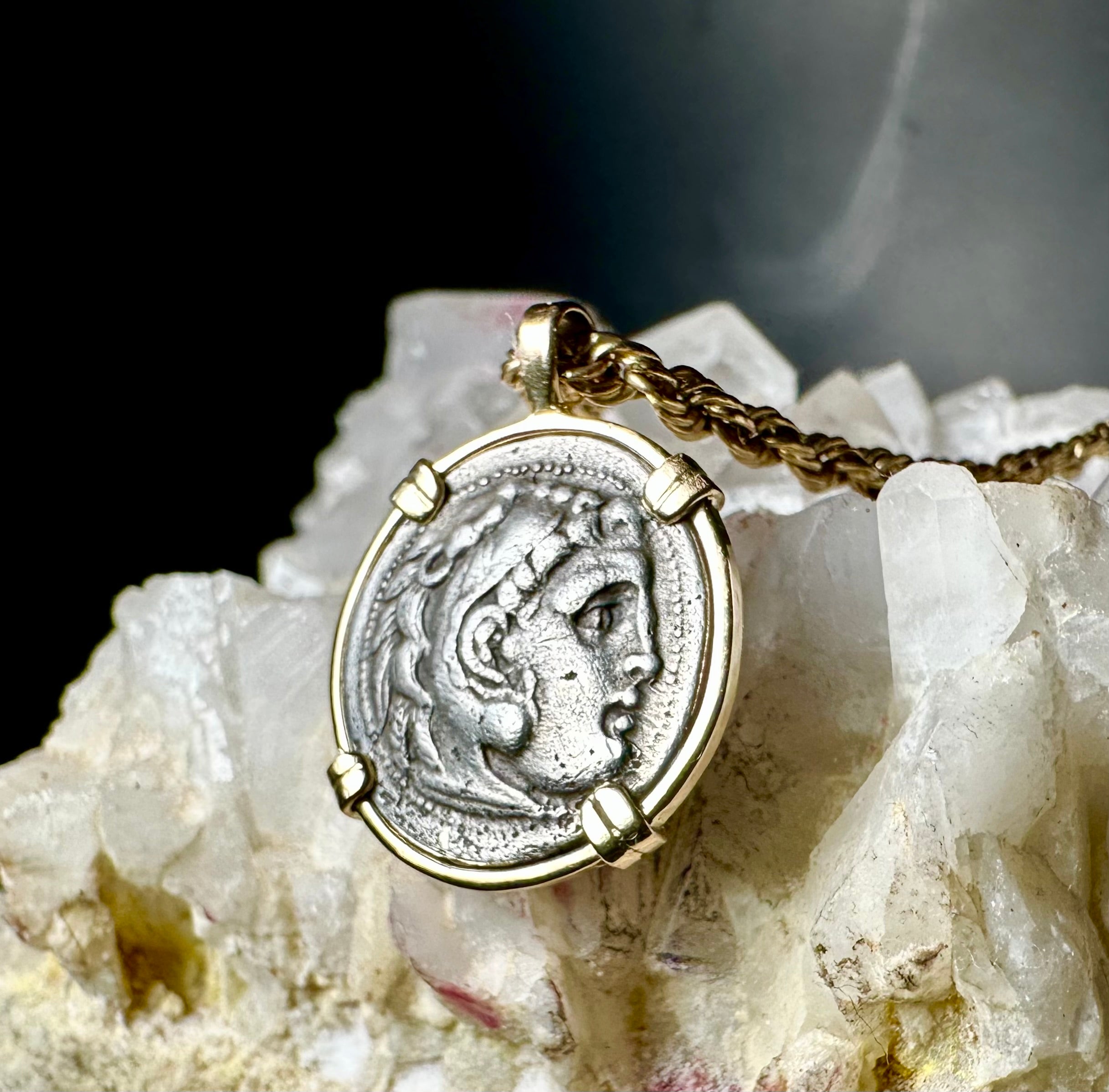 Alexander the Great Silver Drachm in Solid 14k Yellow Gold Pendant