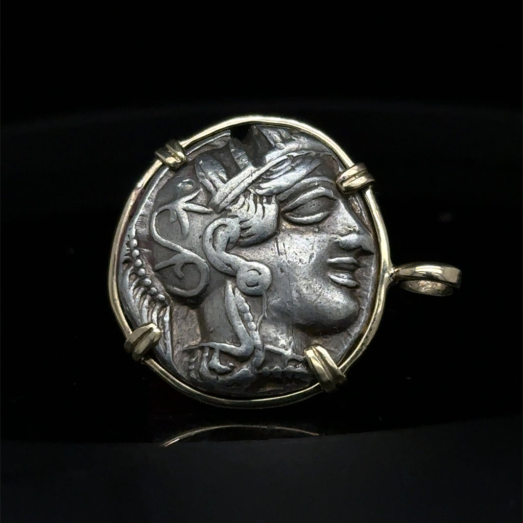 Ancient Greek Athena and Owl silver Tetradrachm in solid 14k yellow gold pendant