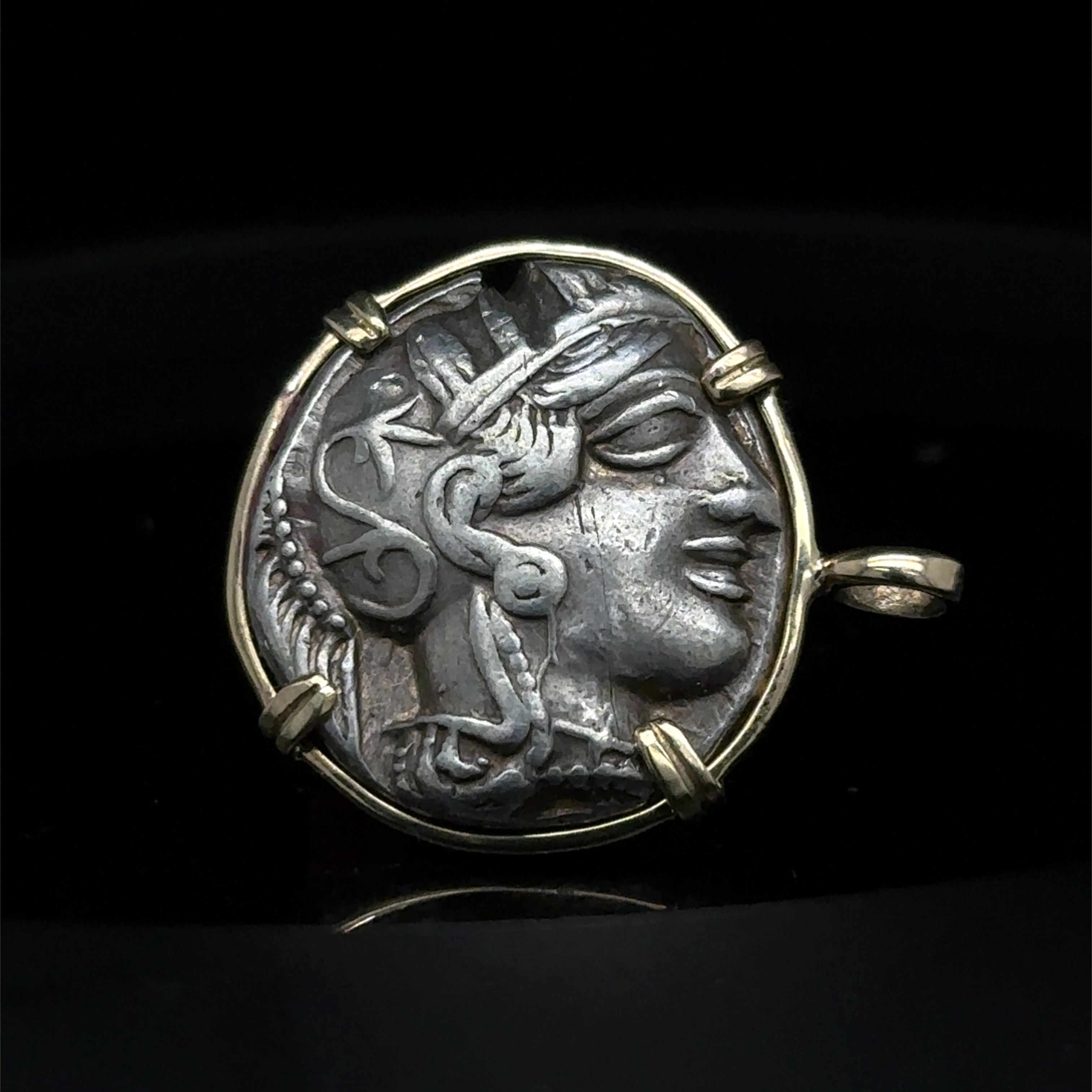 Ancient Greek Athena and Owl silver Tetradrachm in solid 14k yellow gold pendant