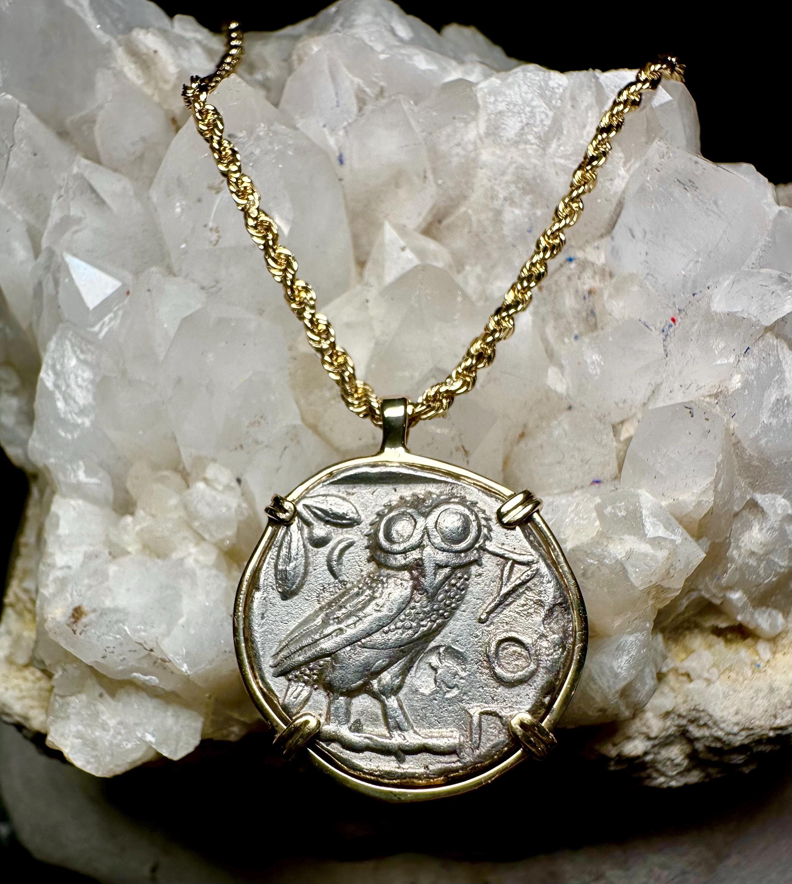 Genuine Ancient Greek Athena and Owl coin in hand made solid gold pendant
