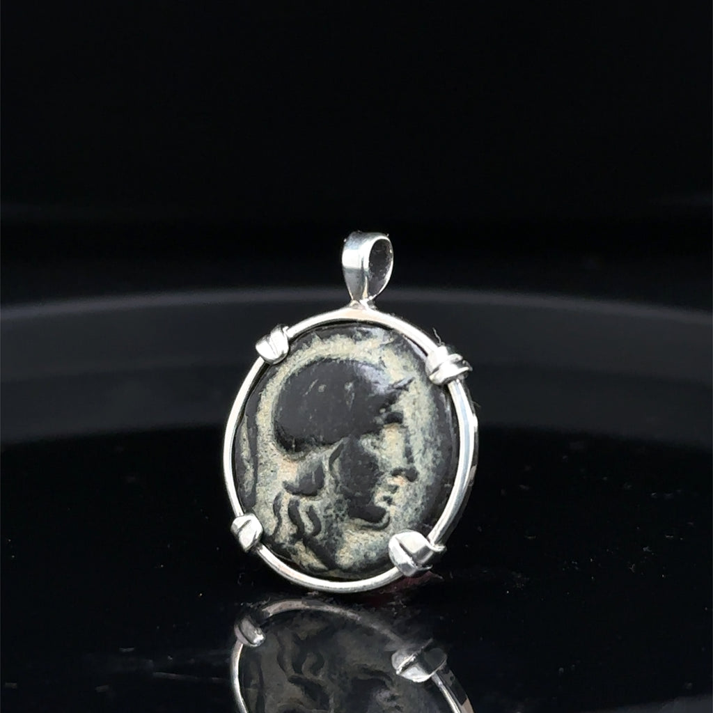 Ancient Greek Athena and Lion coin in sterling silver Pendant