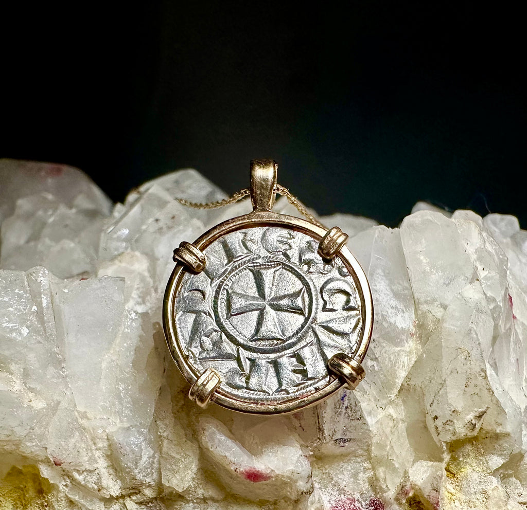 Medieval 13th century Italian Christian crusader coin in 14k yellow gold filled pendant