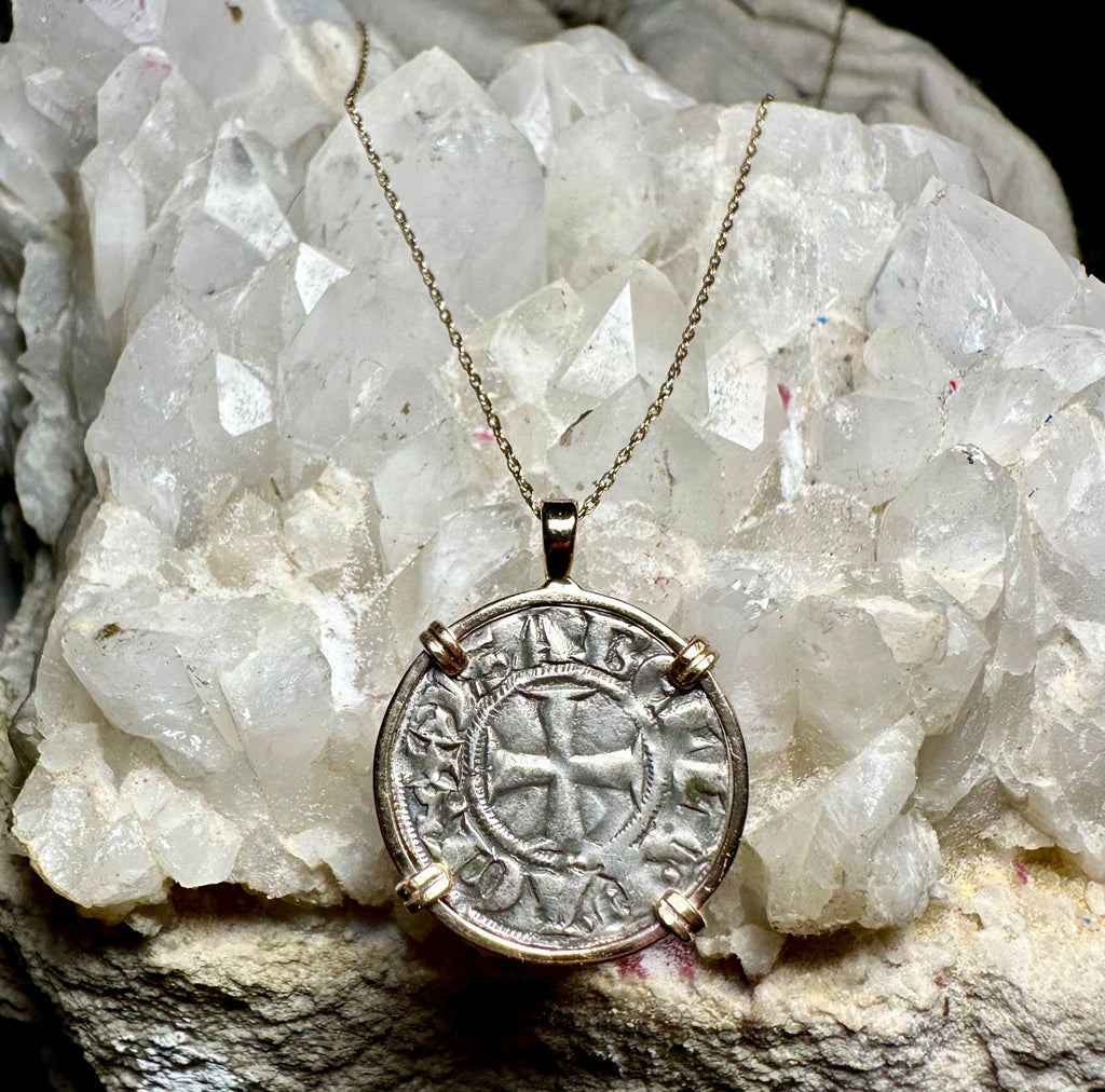 Medieval 13th century Christian Crusader Coin in 14k yellow gold filled pendant