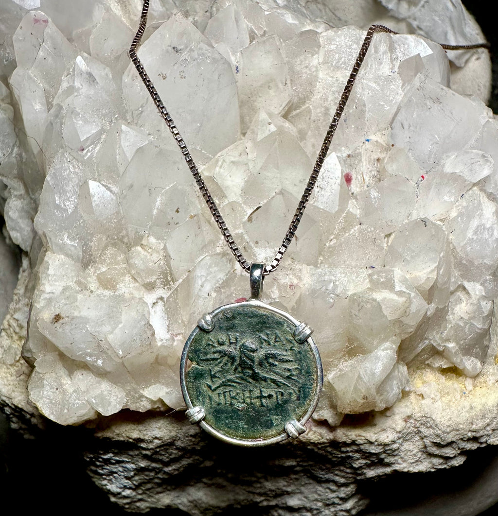 Ancient Greek Owl and Athena coin in sterling silver pendant