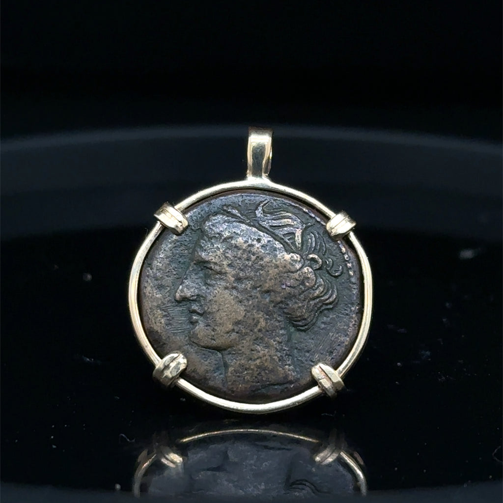 Ancient Sicily Persephone and Bull coin in 14k yellow gold filled pendant