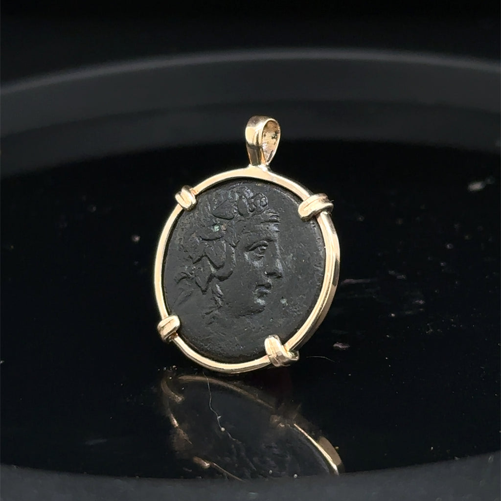 Ancient Greek god of wine, Dionysus coin in 14k yellow gold filled pendant