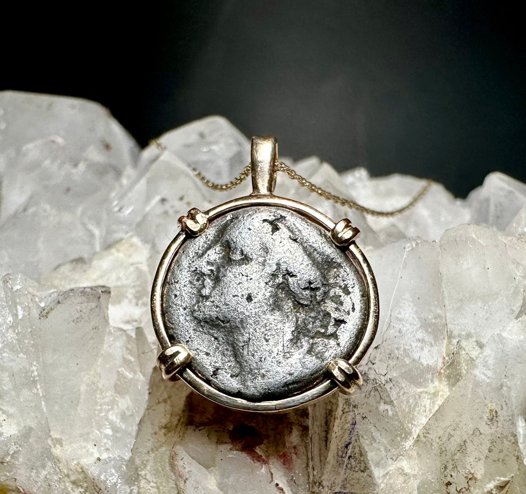Ancient Greek Hera and Owl silver Drachm in 14k yellow gold filled pendant