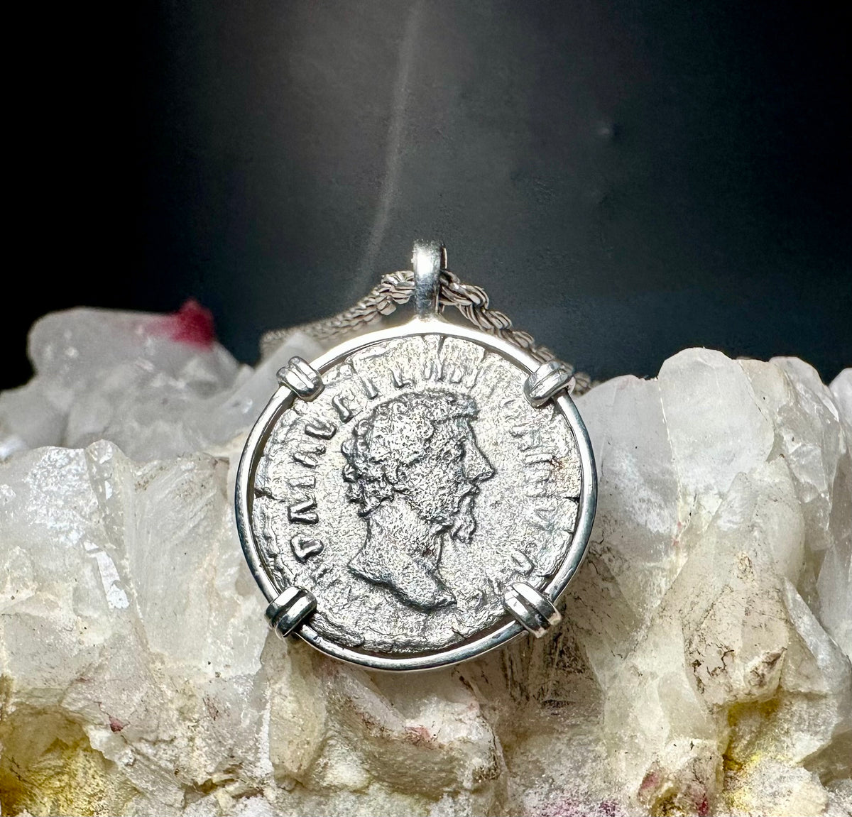Ancient Roman Empeor Marcus Aurelius silver denarius in sterling silver pendant