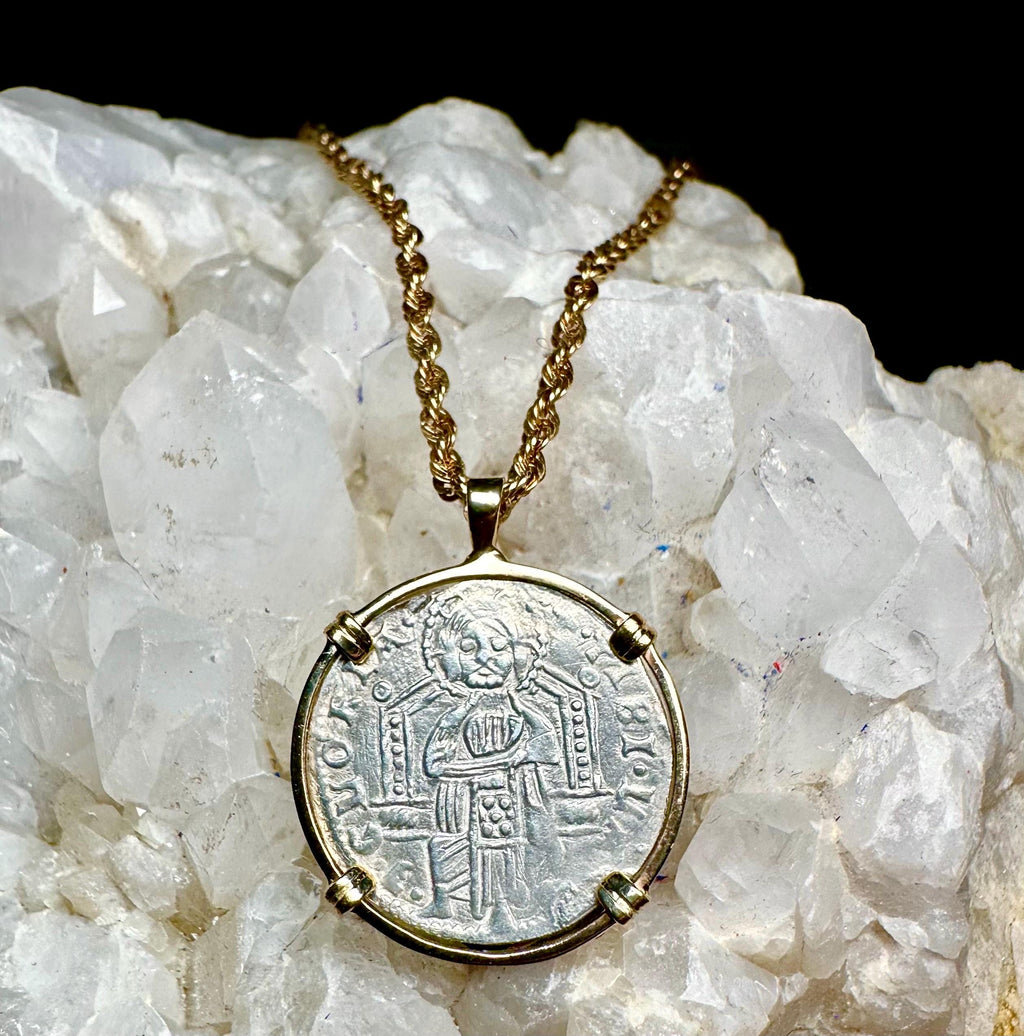 Genuine 14th Cent Jesus Christ and St Mark Coin in hand made solid gold pendant